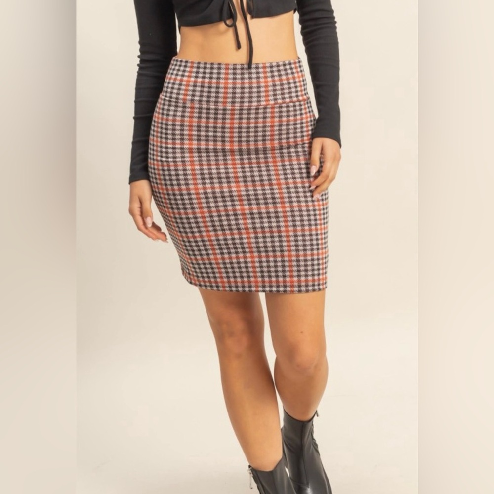 Plaid Pencil Skirt in Black, White & Orange
